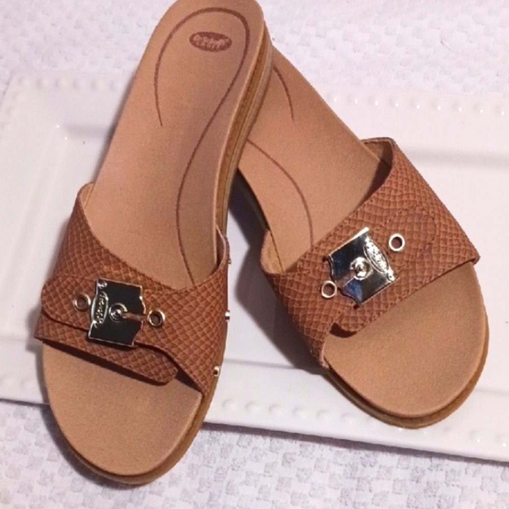 Classic! Dr. Scholl's Tan Slide Sandals with Silver Accents 10 βοΈ - Picture 10 of 13